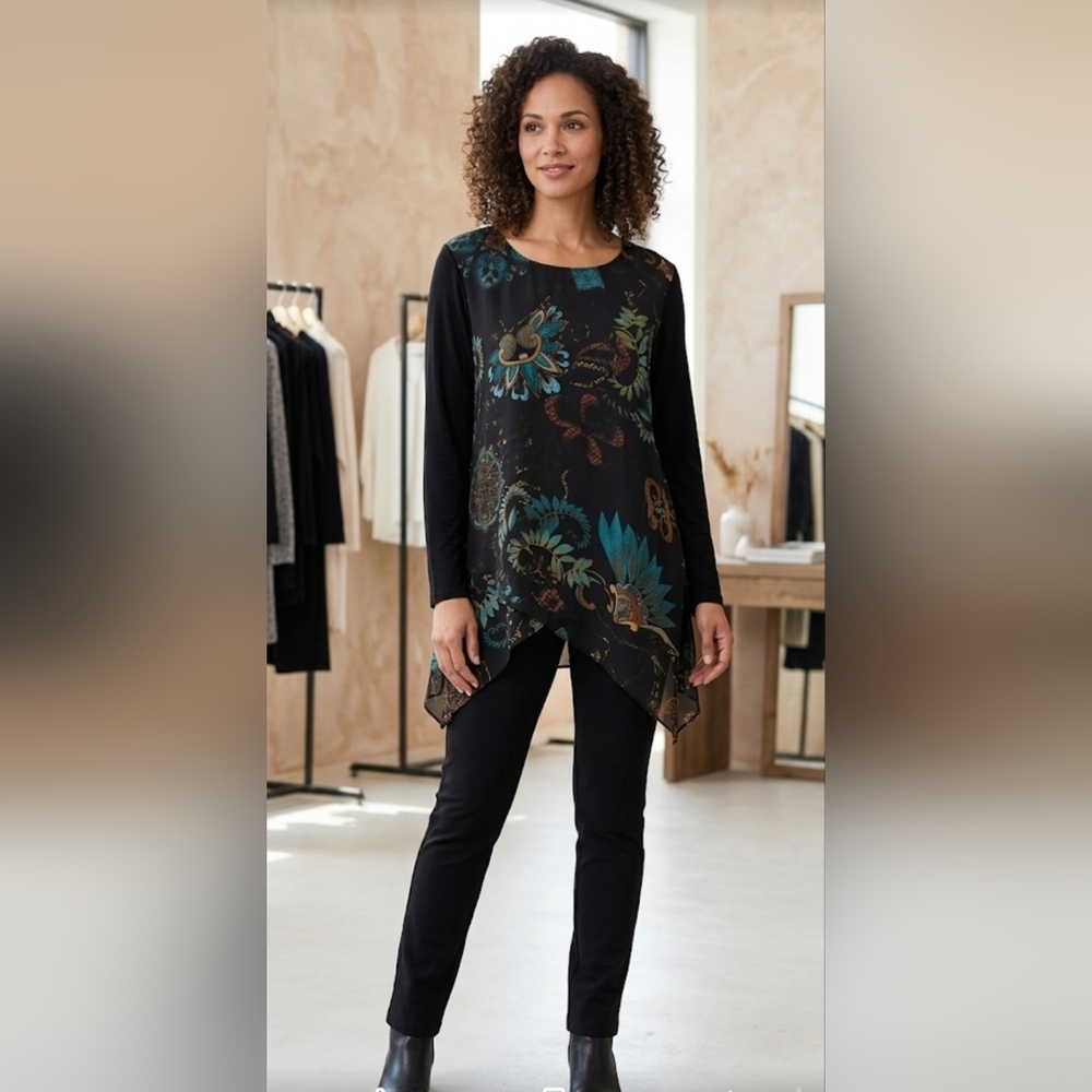 Chico's Black Tunic with Teal & Brown Floral Layering